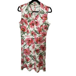 T Tahari  Hibiscus Pink and Green Linen Sleeveless Floral Dress Varies NWT